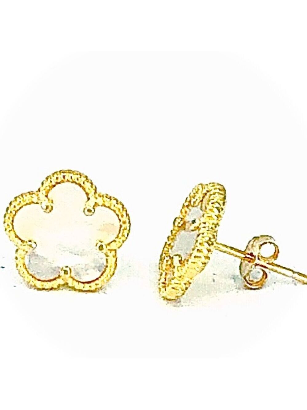 Clover 5 Leave Stud Earrings 18k GP 925 Sterling Silver / Mother of Pearl - Picture 4 of 6